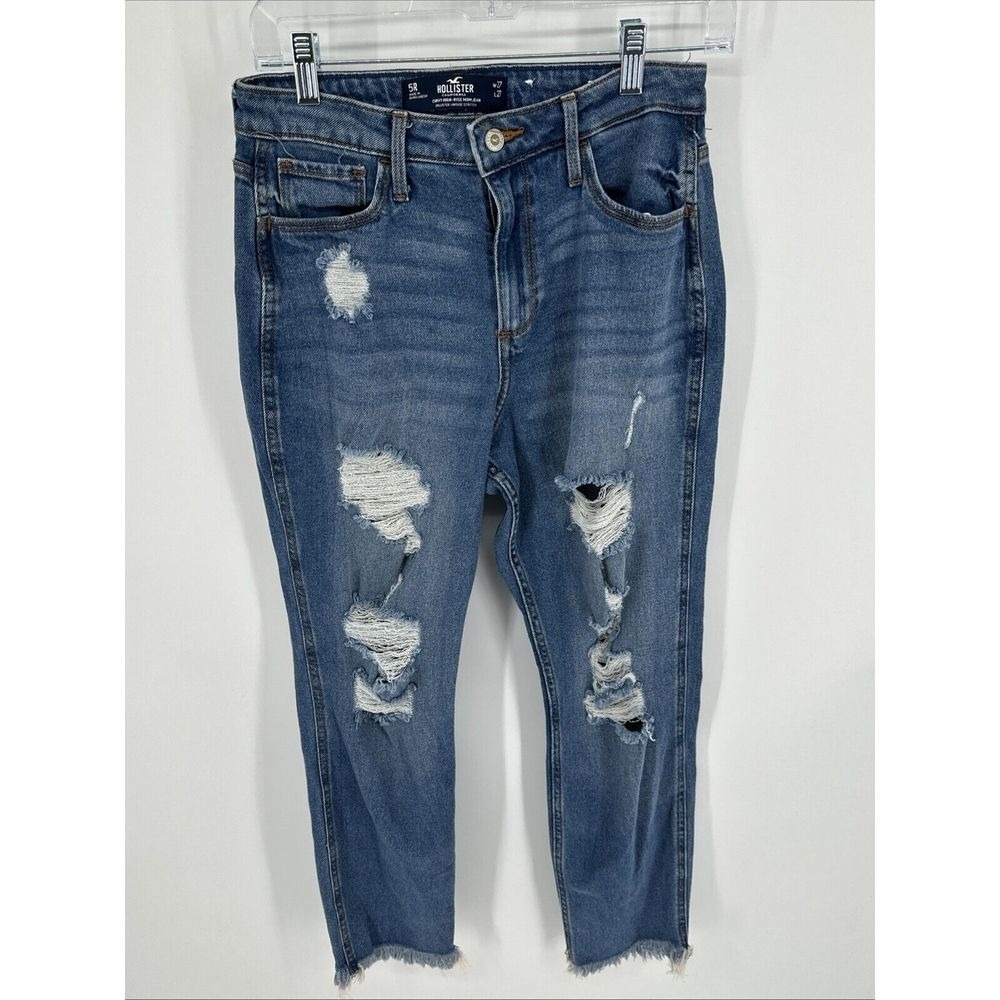 Hollister Jean Pants Size 5R 27 x 27 Blue Stressed Raw Hem Pockets Casual